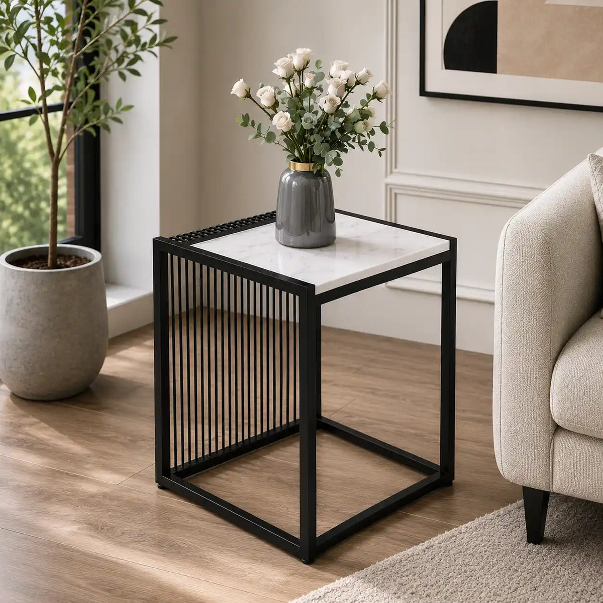 Modern Black Metal & Marble Accent Side Table