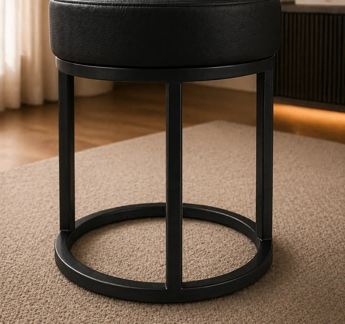 Modern Black Steel Vanity Stool with Cushioned Seat