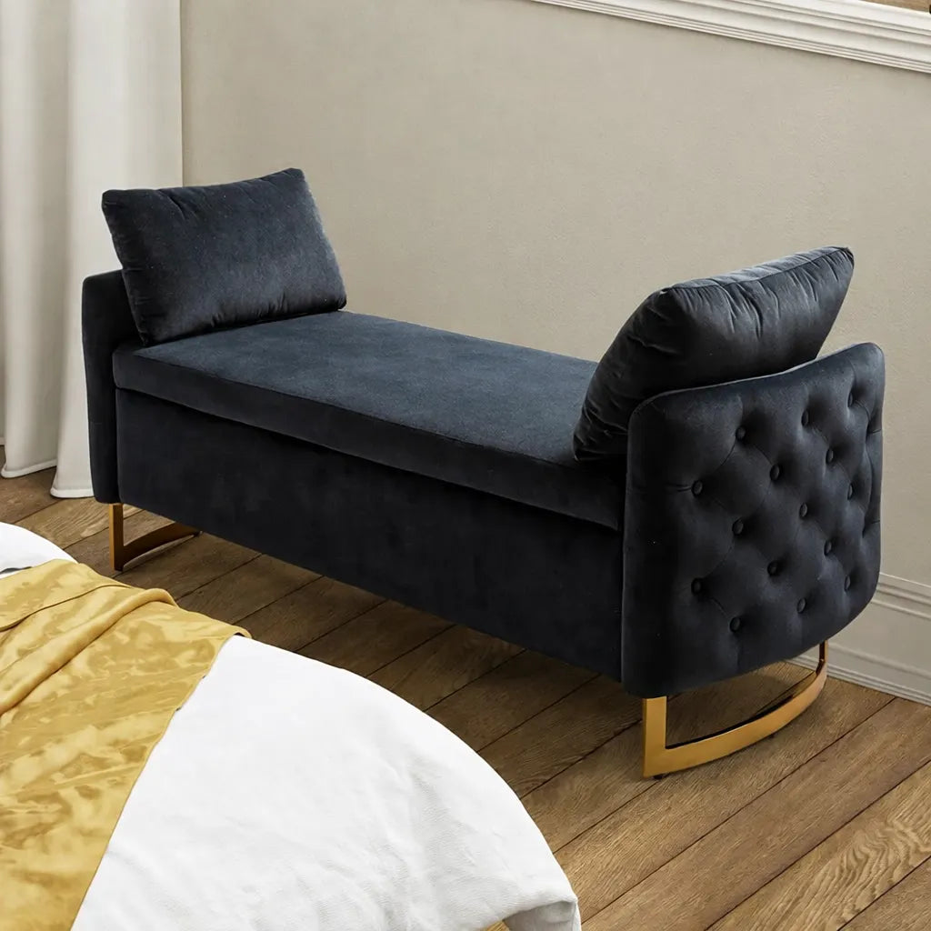 Modern Black Upholstered Storage Bench with Gold Legs