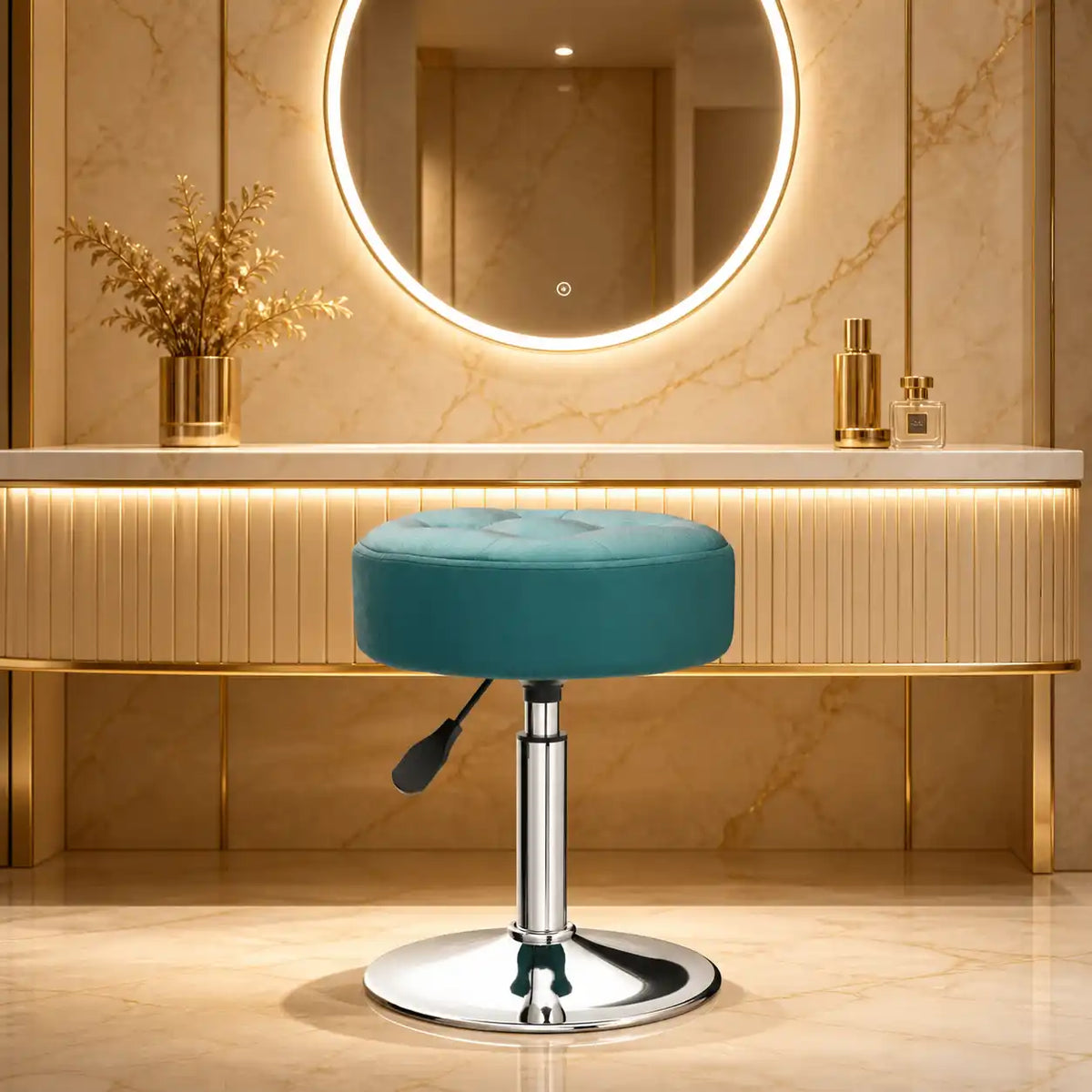Modern Blue Adjustable Vanity Stool with Tufted Cushion