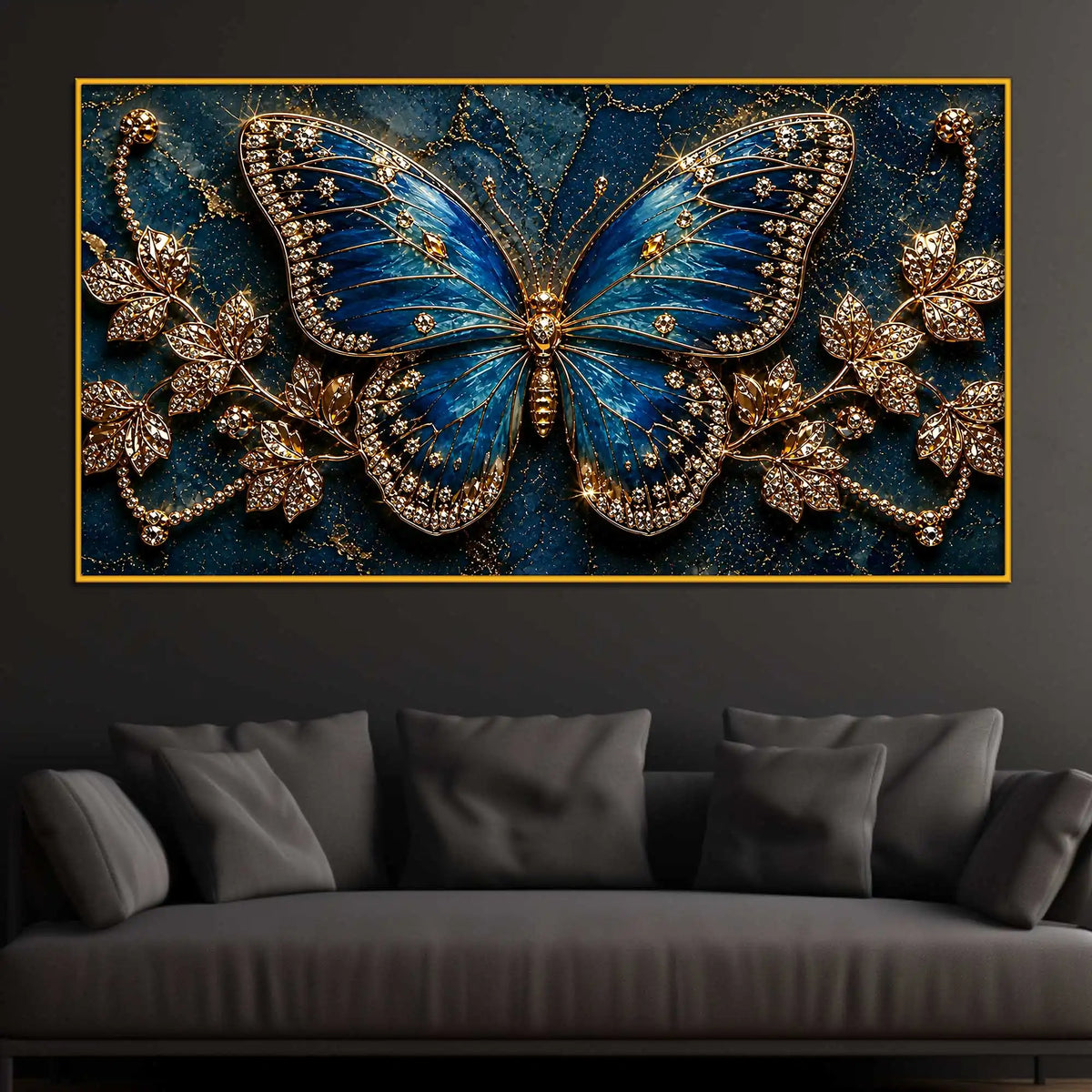 Modern Blue Butterfly Floating Frame Crystal Wall Painting