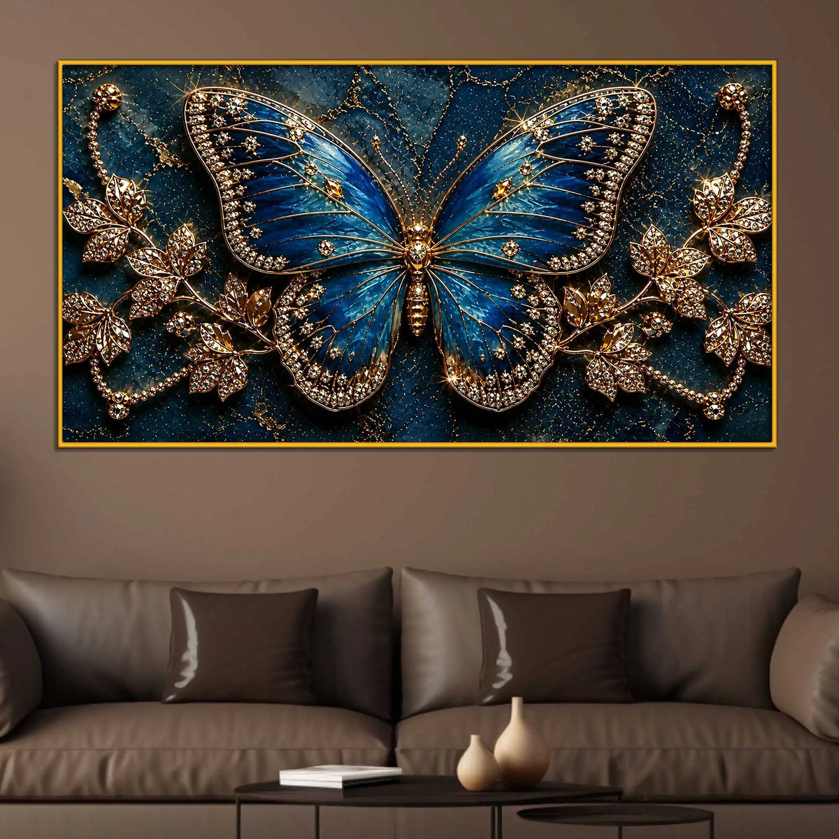 Modern Blue Butterfly Floating Frame Crystal Wall Painting