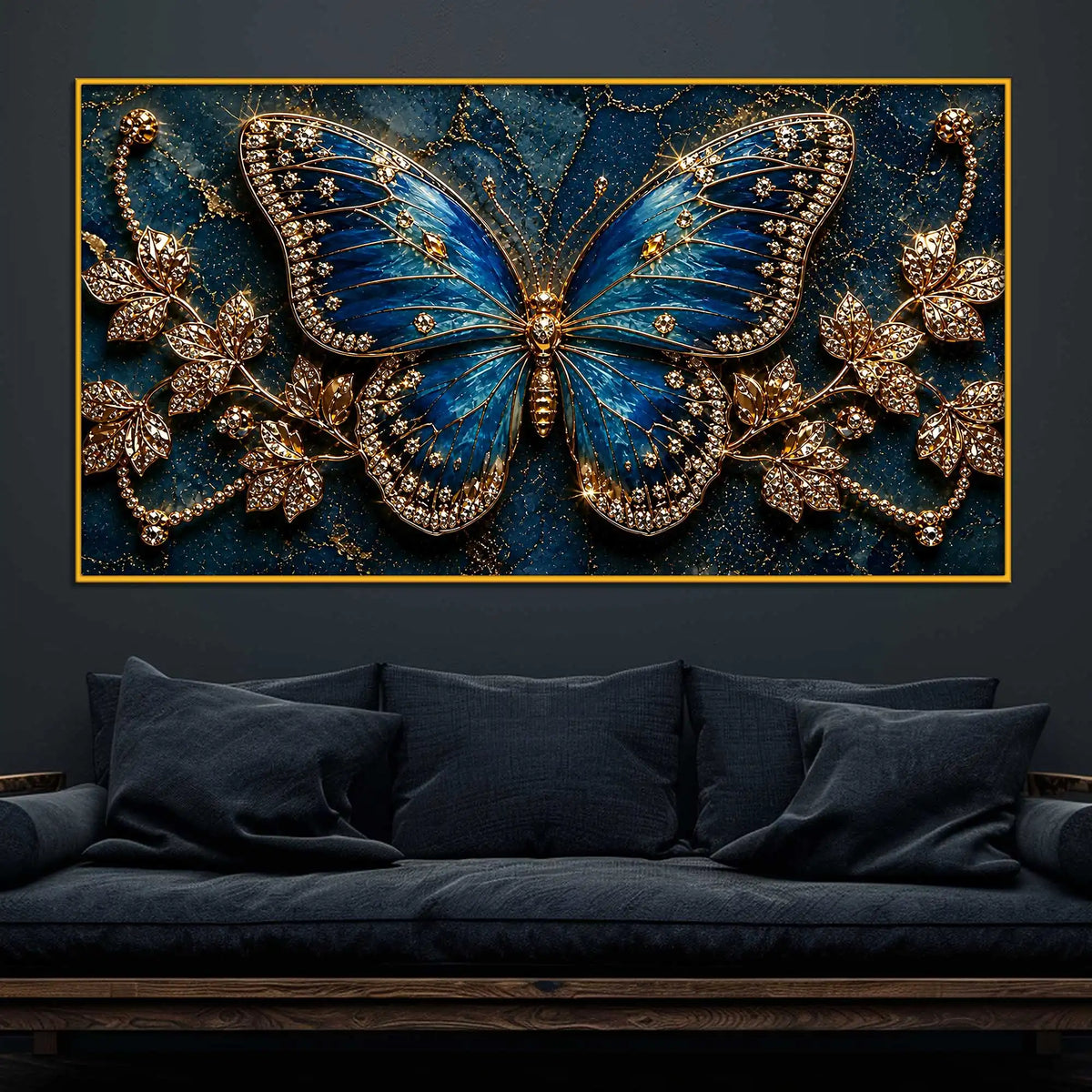 Modern Blue Butterfly Floating Frame Crystal Wall Painting