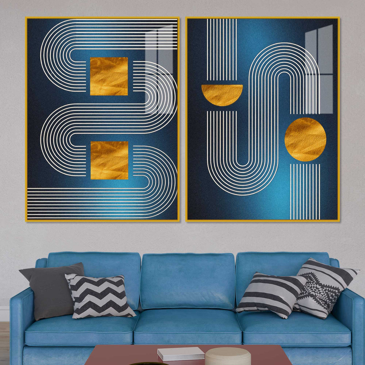 Modern Blue Golden Line Geometric Patterned Acrylic Floating Wall Painting Set of 2