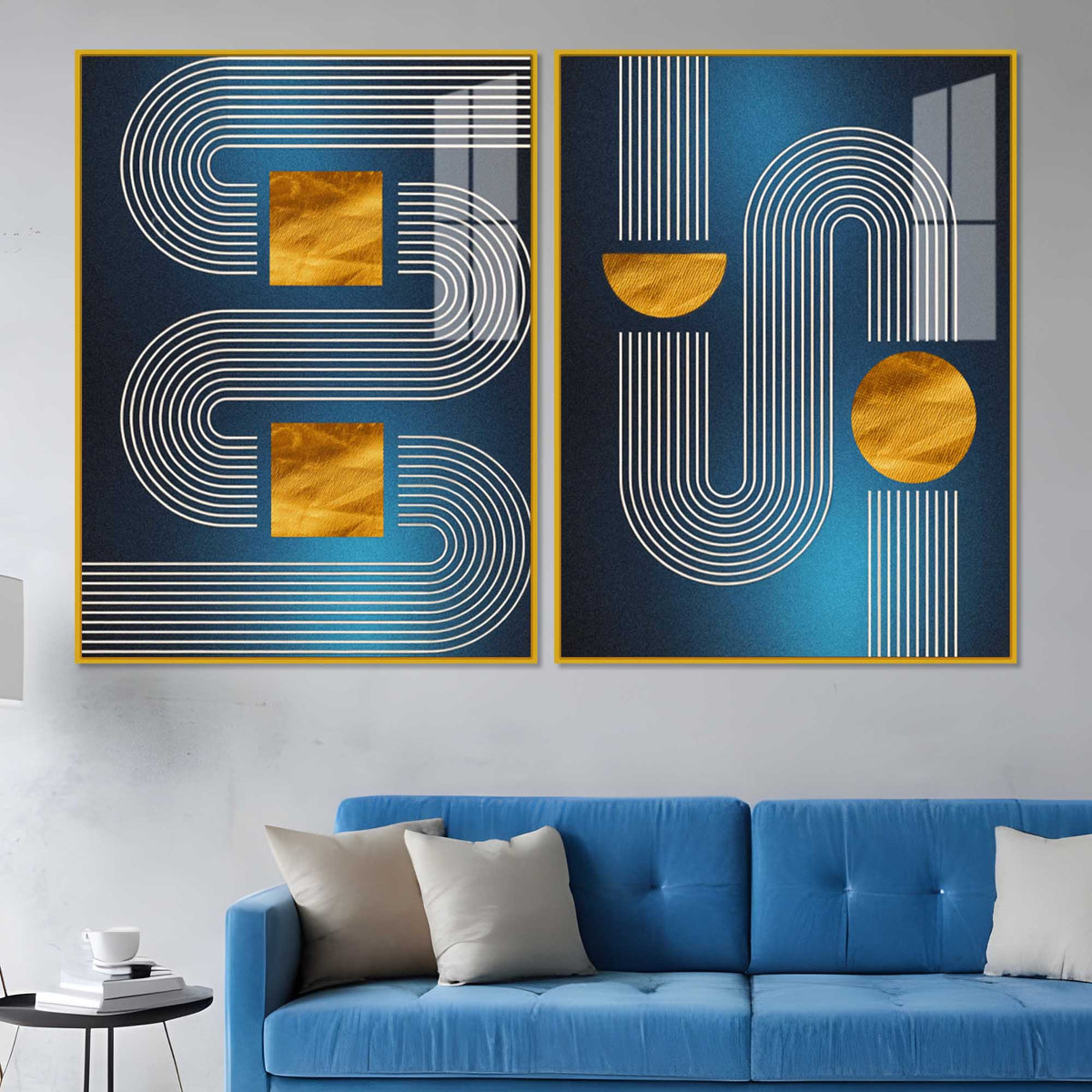 Modern Blue Golden Line Geometric Patterned Acrylic Floating Wall Painting Set of 2
