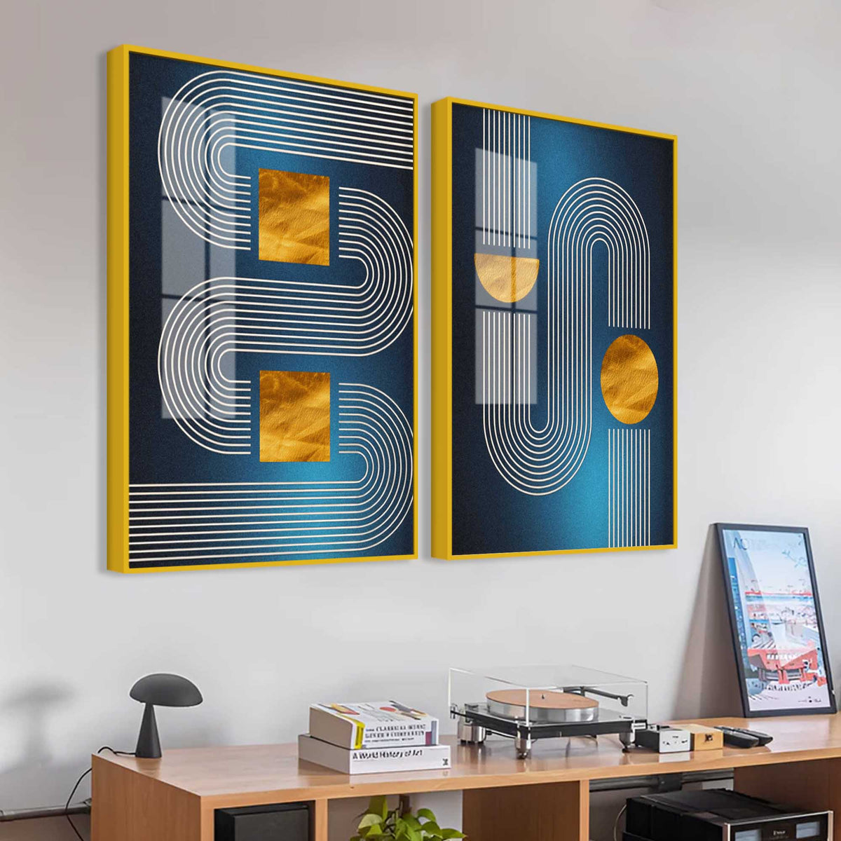 Modern Blue Golden Line Geometric Patterned Acrylic Floating Wall Painting Set of 2