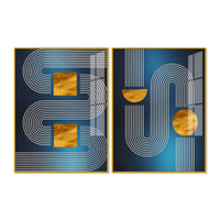 Modern Blue Golden Line Geometric Patterned Acrylic Floating Wall Painting Set of 2