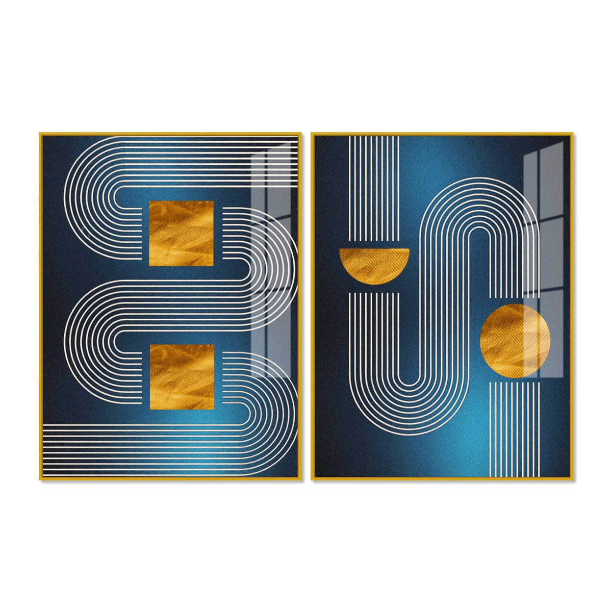 Modern Blue Golden Line Geometric Patterned Acrylic Floating Wall Painting Set of 2
