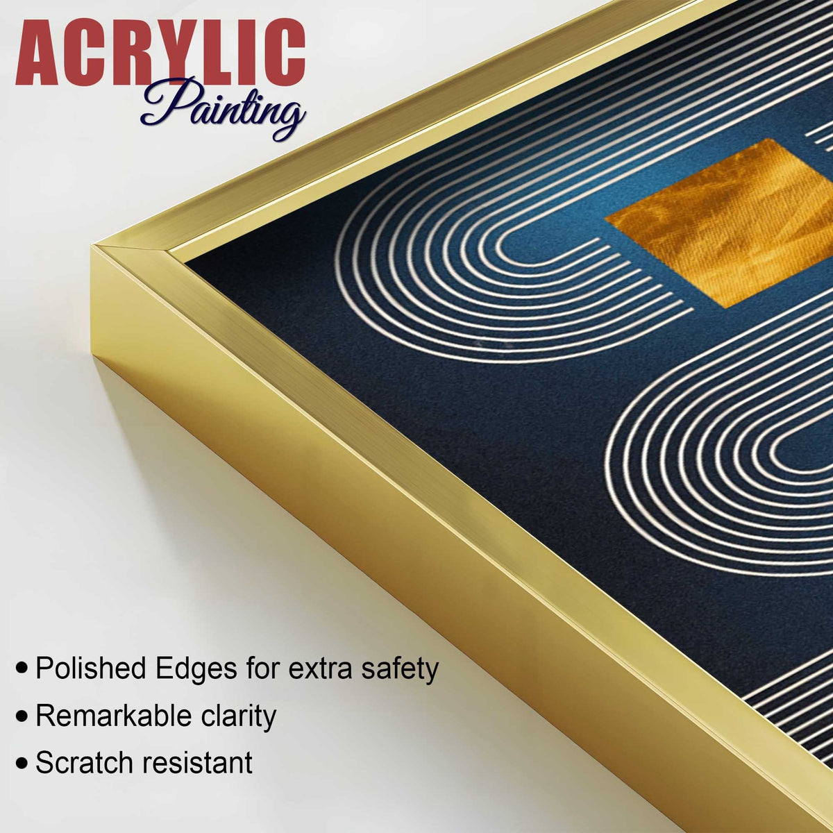 Modern Blue Golden Line Geometric Patterned Acrylic Floating Wall Painting Set of 2