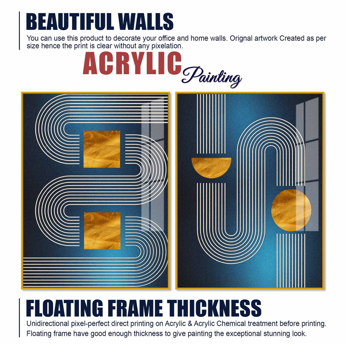Modern Blue Golden Line Geometric Patterned Acrylic Floating Wall Painting Set of 2