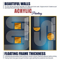 Modern Blue Golden Line Geometric Patterned Acrylic Floating Wall Painting Set of 2