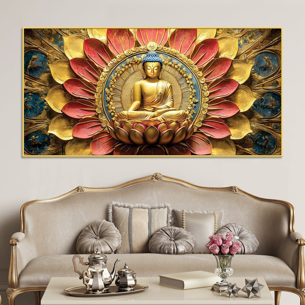 Modern Buddha Painting with Flowers – Spiritual Wall Art