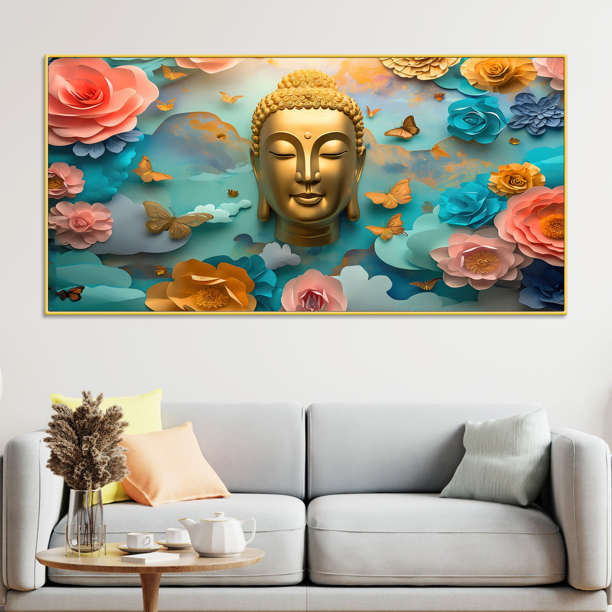 Modern Buddha Wall Painting with Butterflies & Dreamy Florals