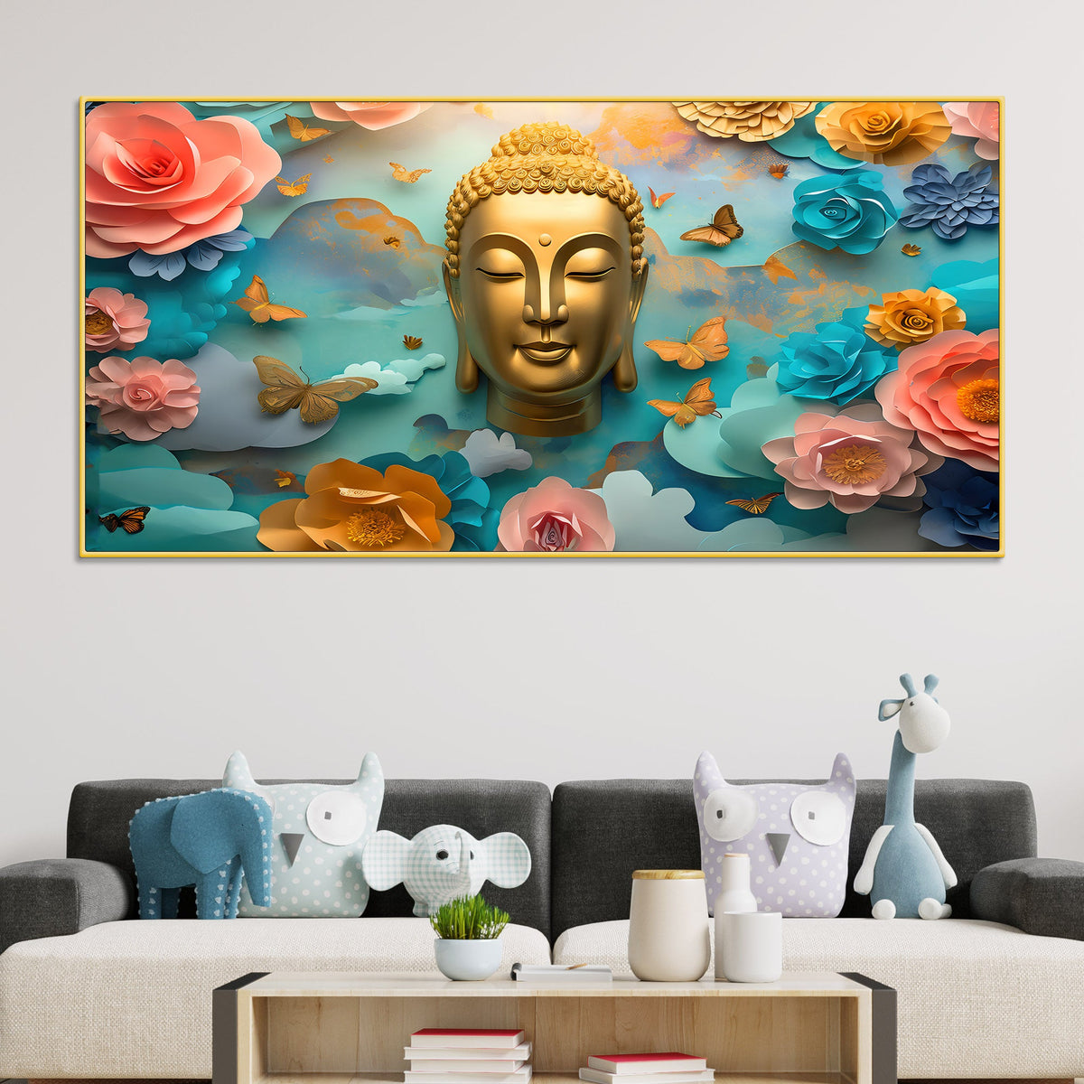 Modern Buddha Wall Painting with Butterflies & Dreamy Florals
