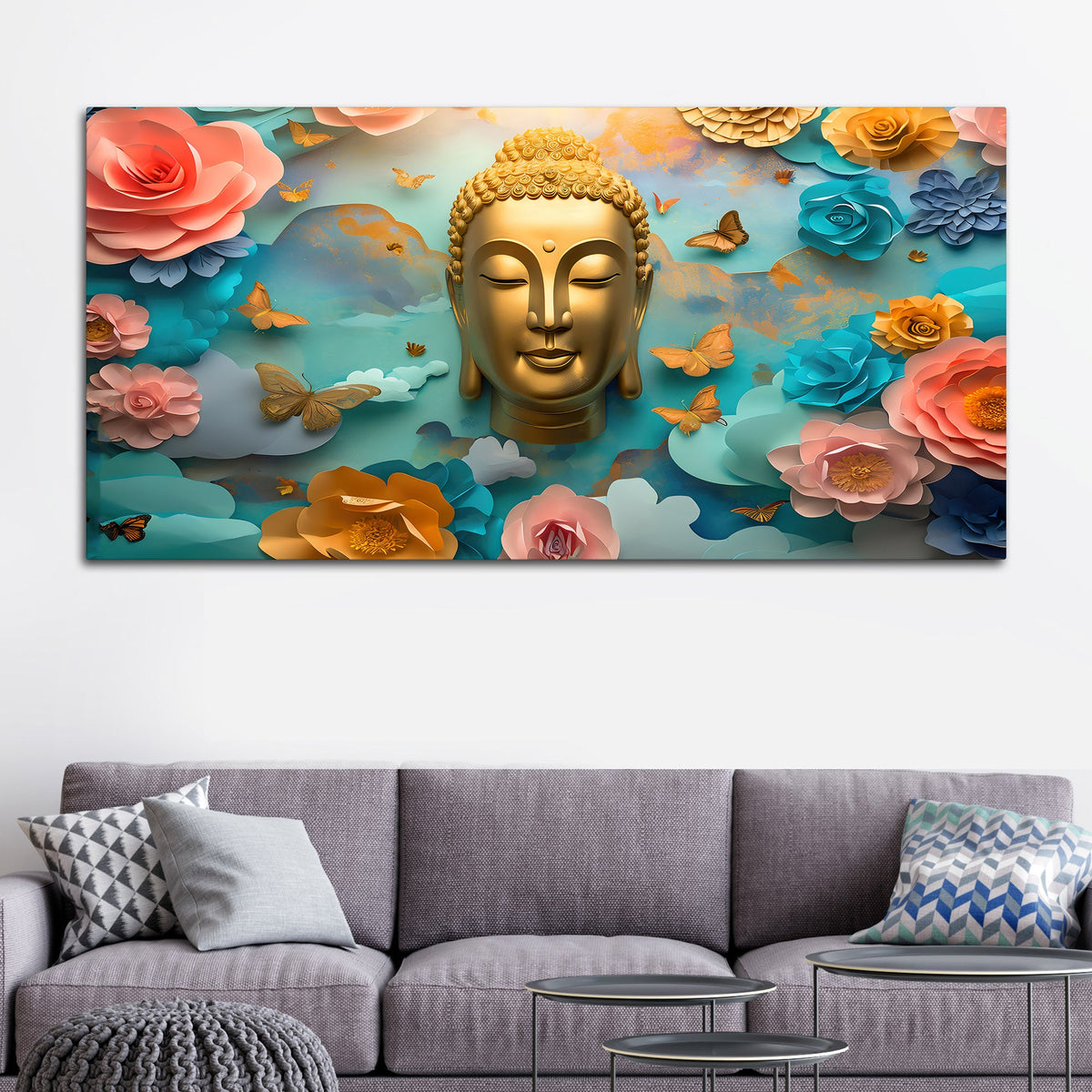 Modern Buddha Wall Painting with Butterflies & Dreamy Florals