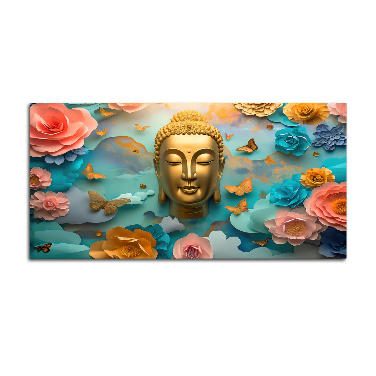 Modern Buddha Wall Painting with Butterflies & Dreamy Florals