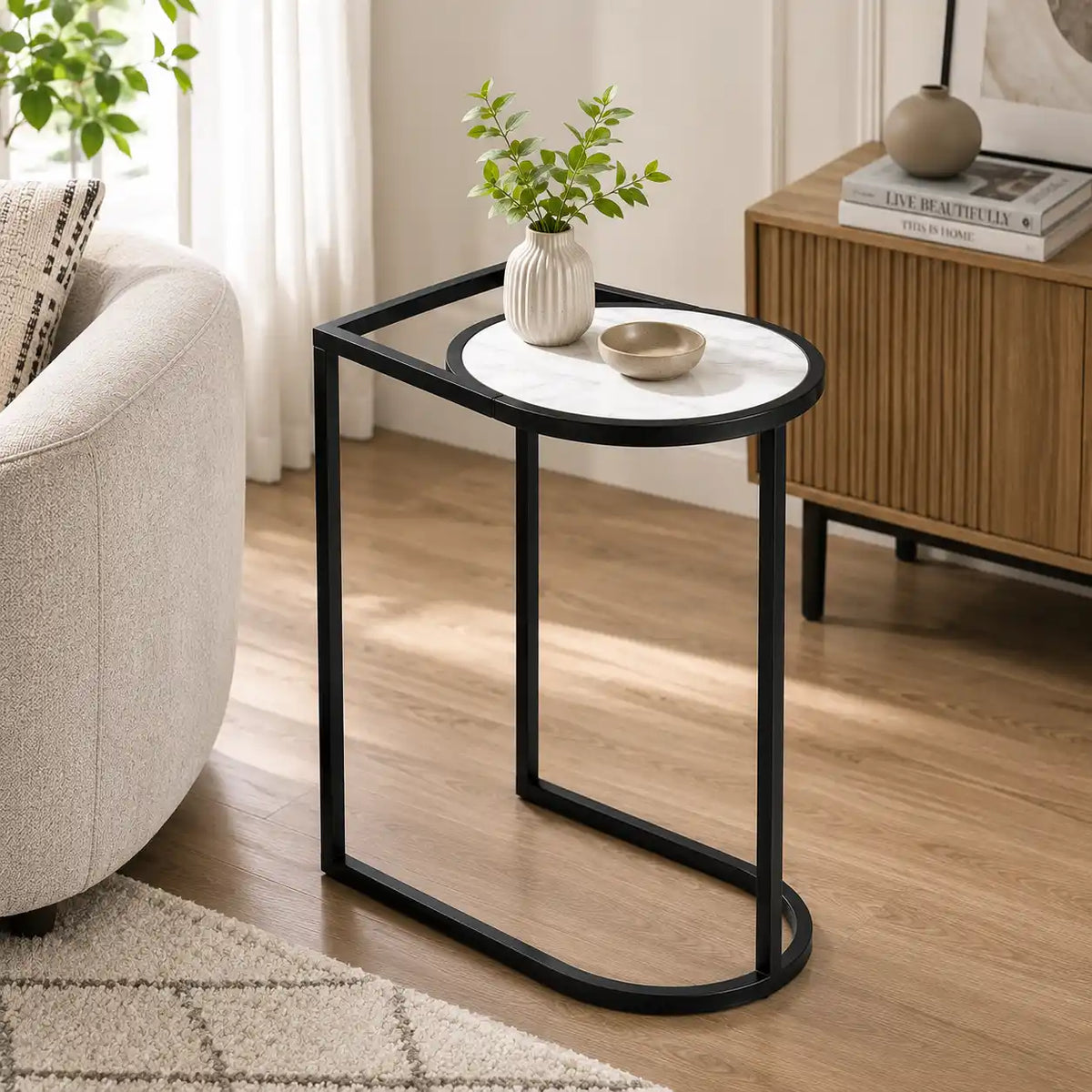 Modern C-Shaped Side Table with White Marble Top