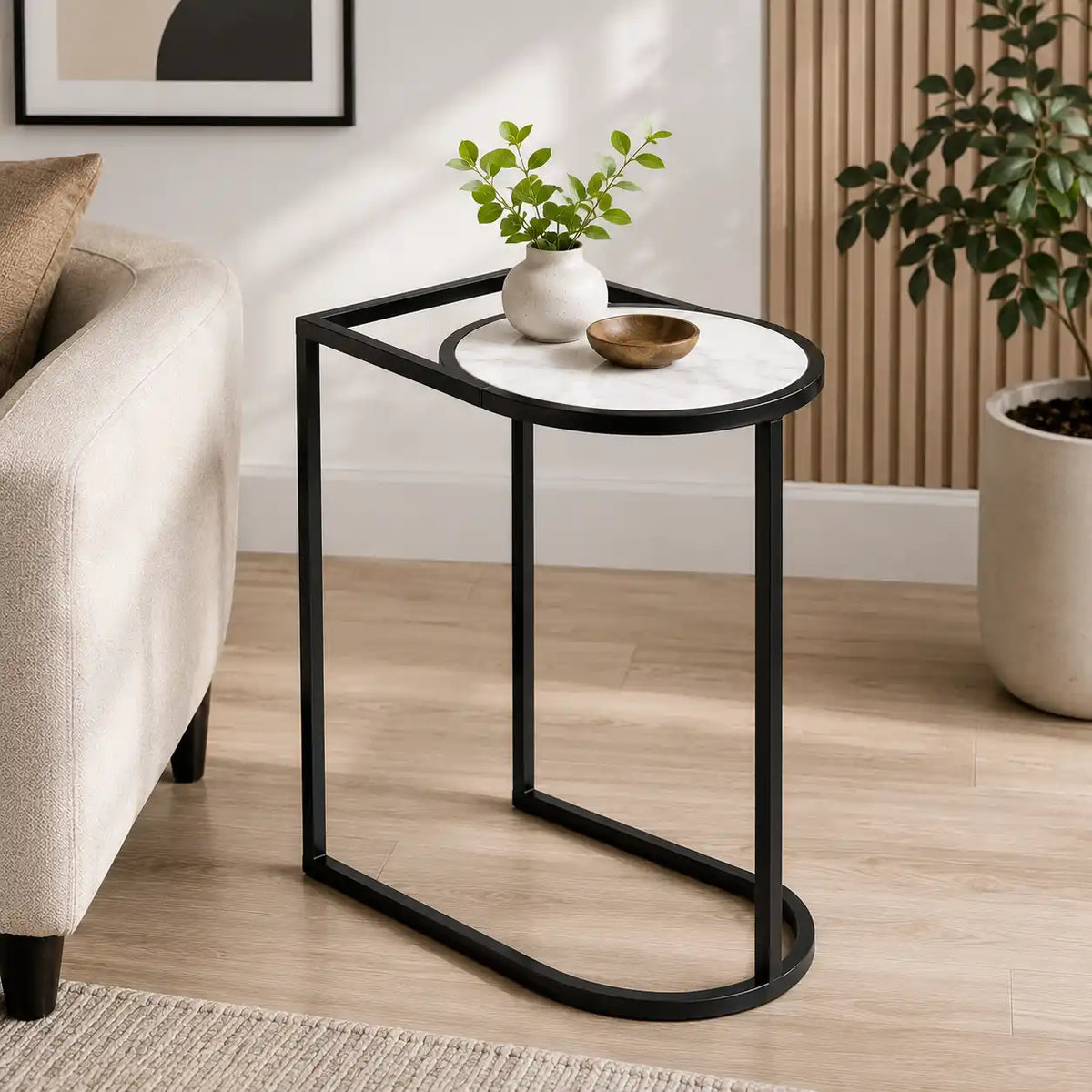 Modern C-Shaped Side Table with White Marble Top