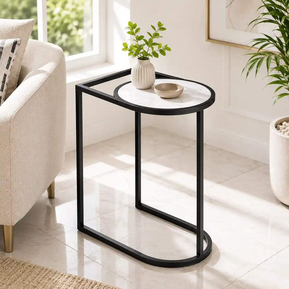 Modern C-Shaped Side Table with White Marble Top