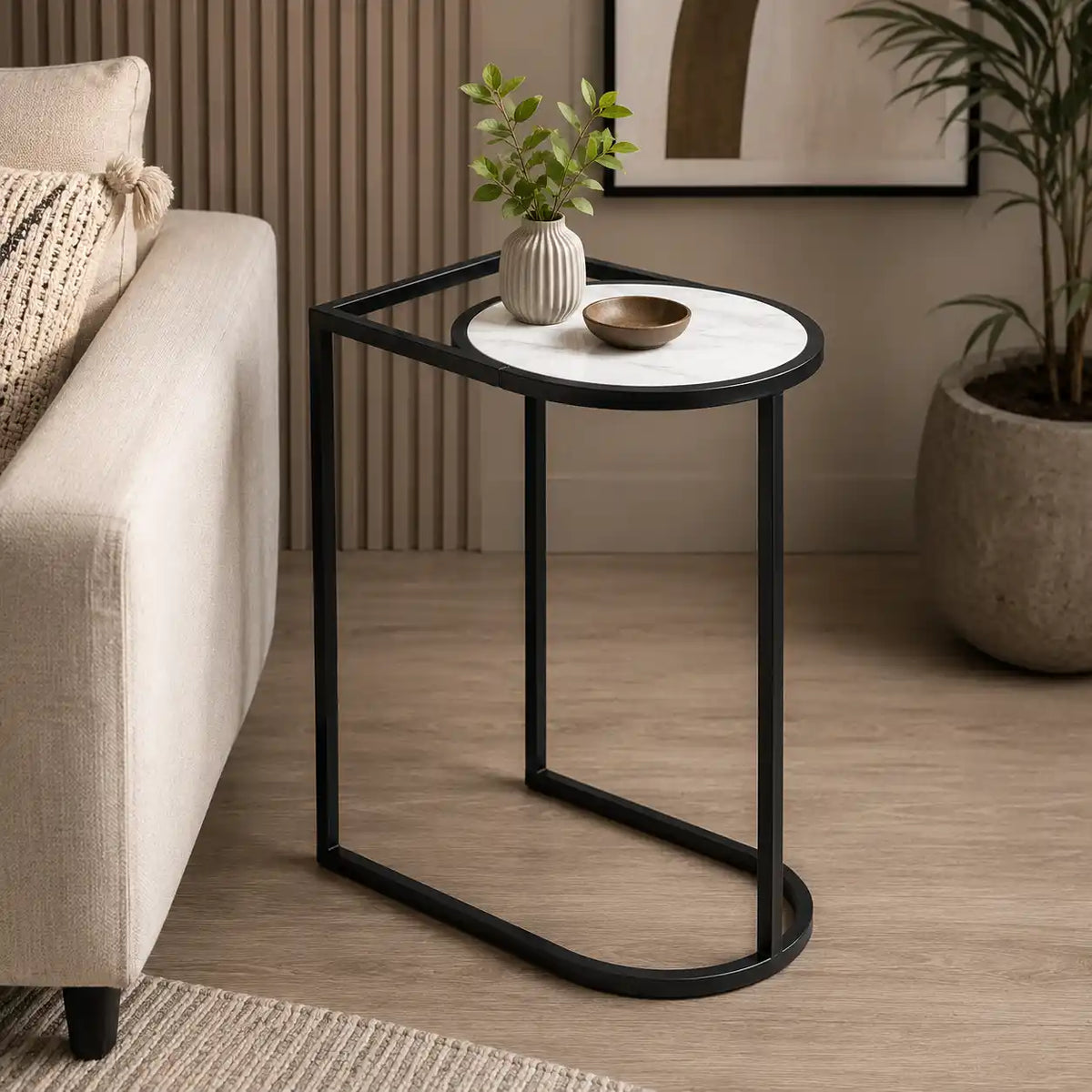 Modern C-Shaped Side Table with White Marble Top