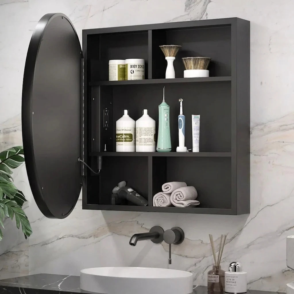 Modern Circular LED Bathroom Mirror with Hidden Cabinet