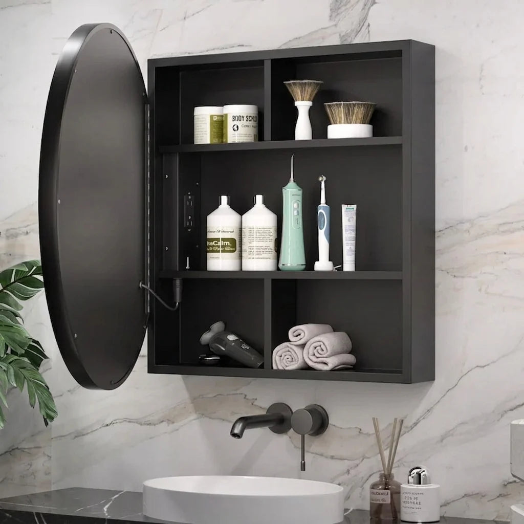 Modern Circular LED Bathroom Mirror with Hidden Cabinet