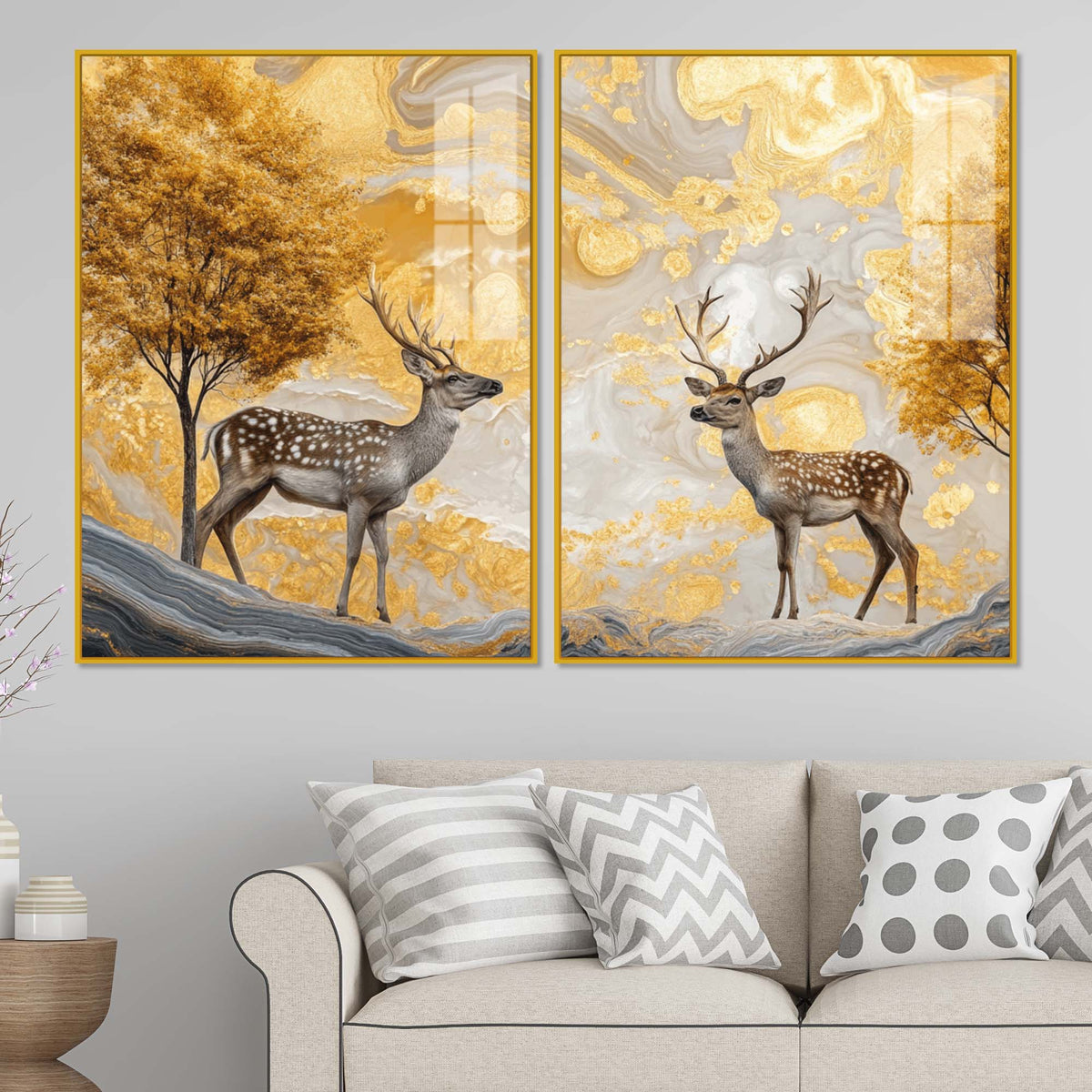 Modern Deer and Autumn Tree Acrylic Floating Wall Painting Set of 2