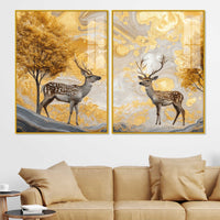Modern Deer and Autumn Tree Acrylic Floating Wall Painting Set of 2