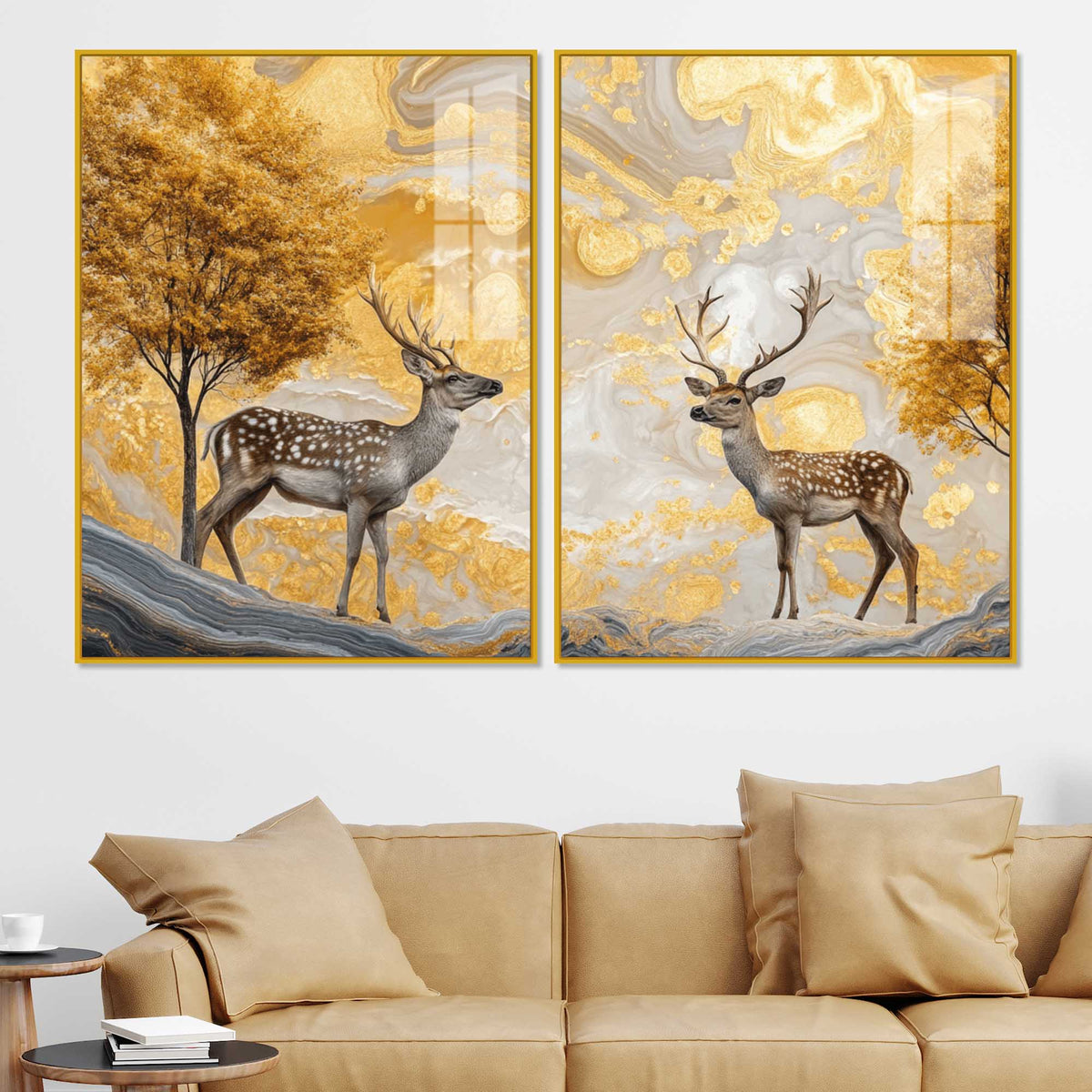 Modern Deer and Autumn Tree Acrylic Floating Wall Painting Set of 2
