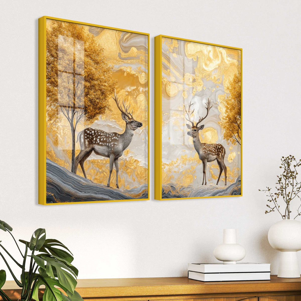 Modern Deer and Autumn Tree Acrylic Floating Wall Painting Set of 2