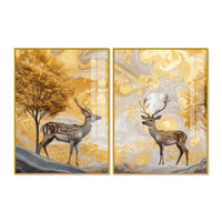 Modern Deer and Autumn Tree Acrylic Floating Wall Painting Set of 2