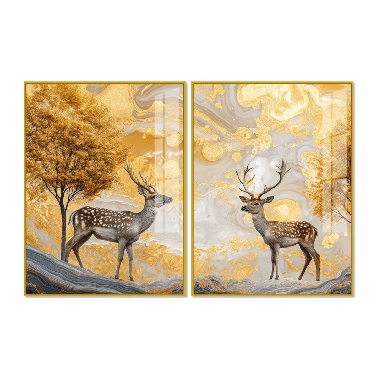 Modern Deer and Autumn Tree Acrylic Floating Wall Painting Set of 2