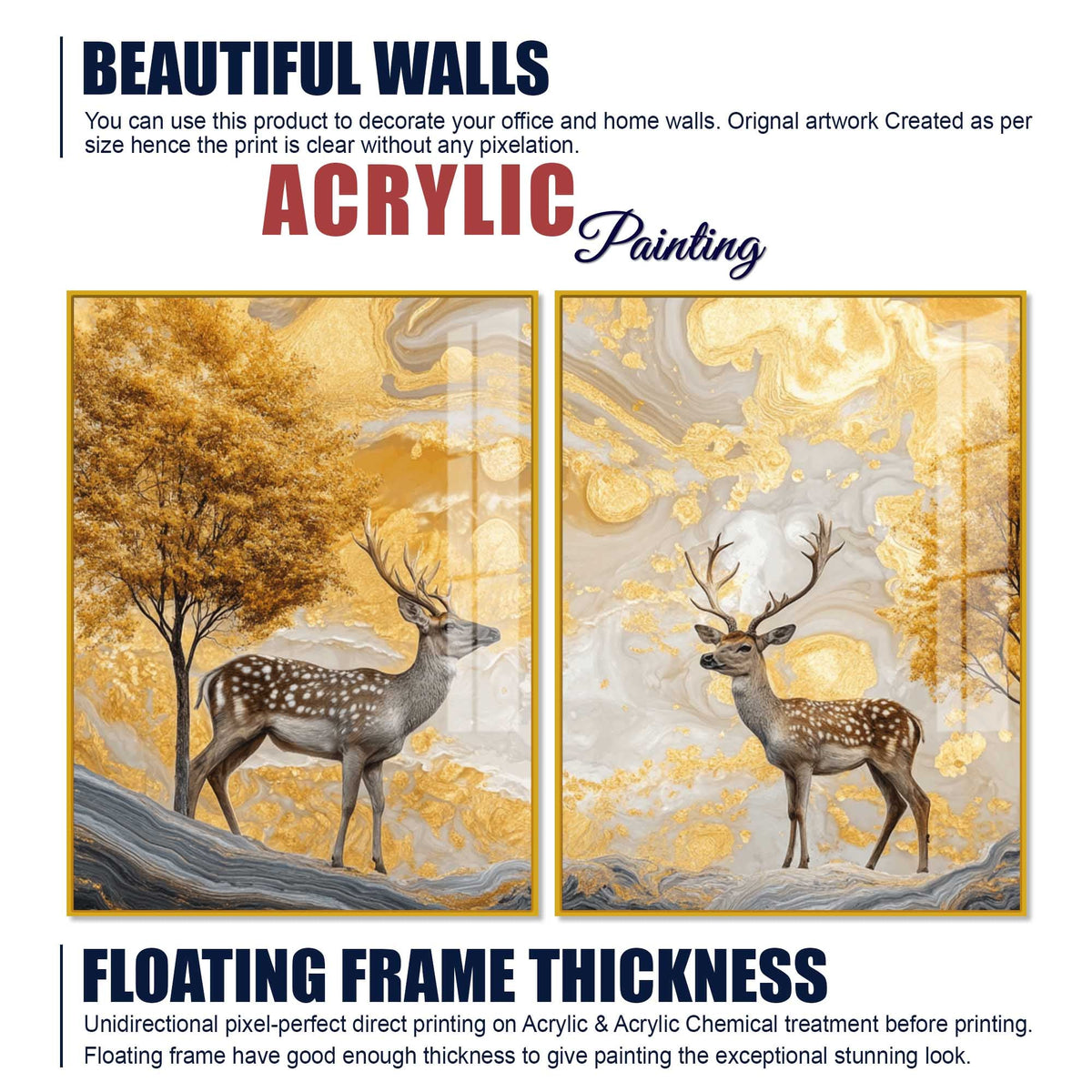 Modern Deer and Autumn Tree Acrylic Floating Wall Painting Set of 2