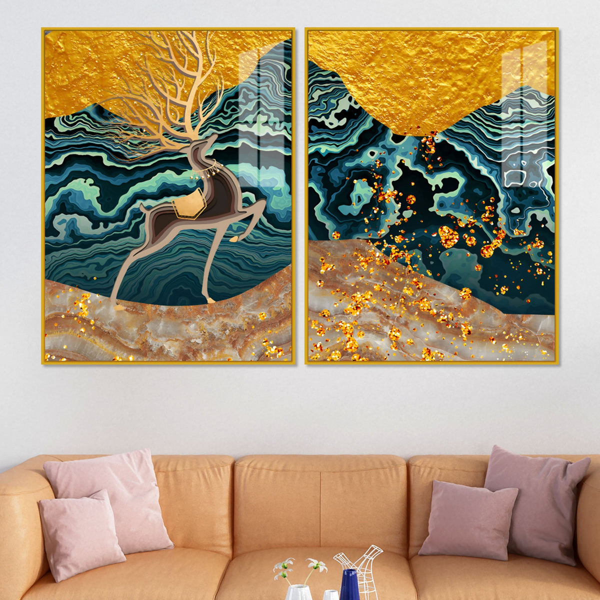 Modern Deer and Marble Texture Golden Acrylic Floating Wall Painting Set of 2