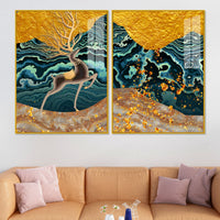 Modern Deer and Marble Texture Golden Acrylic Floating Wall Painting Set of 2