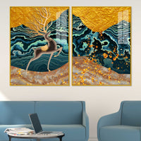 Modern Deer and Marble Texture Golden Acrylic Floating Wall Painting Set of 2