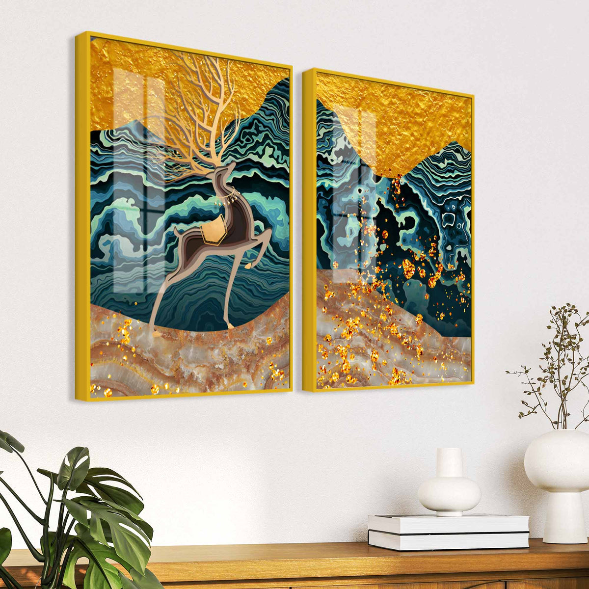Modern Deer and Marble Texture Golden Acrylic Floating Wall Painting Set of 2
