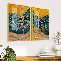 Modern Deer and Marble Texture Golden Acrylic Floating Wall Painting Set of 2
