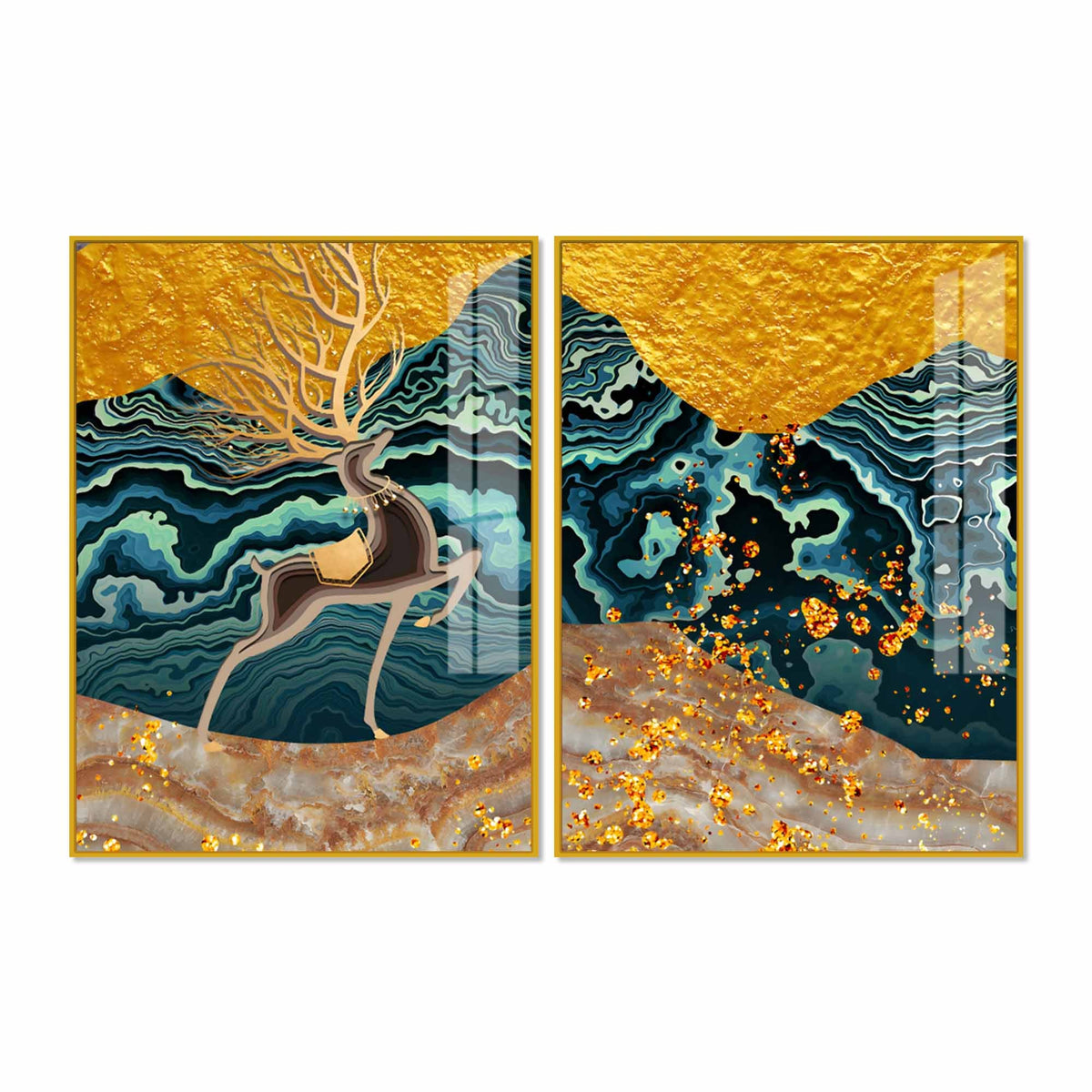Modern Deer and Marble Texture Golden Acrylic Floating Wall Painting Set of 2