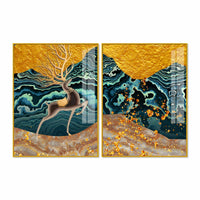 Modern Deer and Marble Texture Golden Acrylic Floating Wall Painting Set of 2