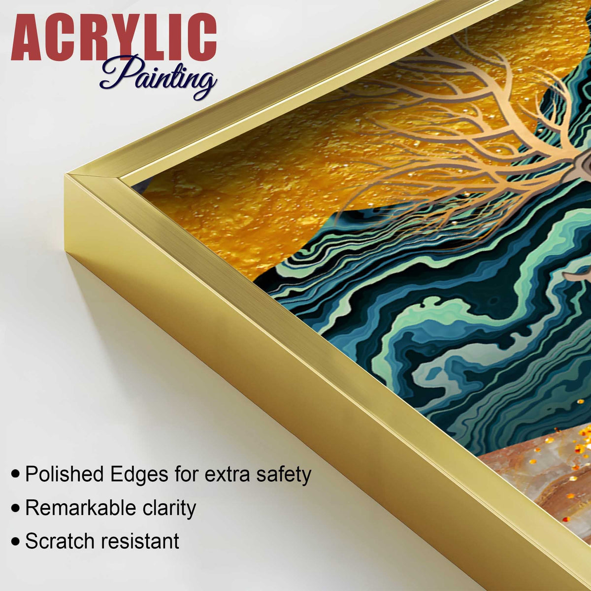 Modern Deer and Marble Texture Golden Acrylic Floating Wall Painting Set of 2