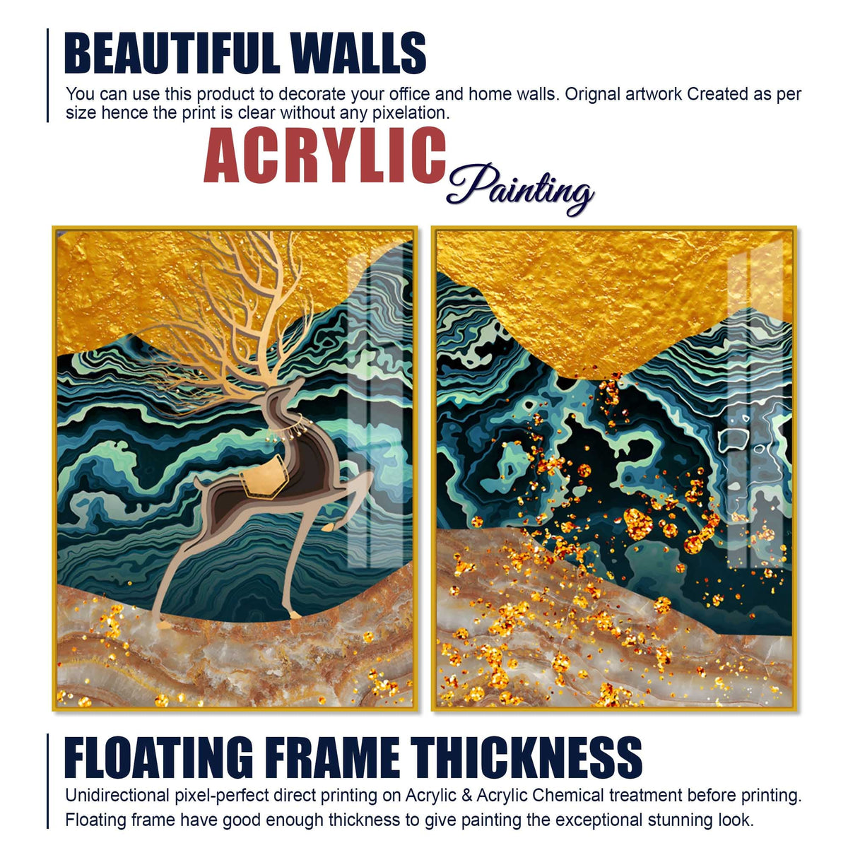 Modern Deer and Marble Texture Golden Acrylic Floating Wall Painting Set of 2