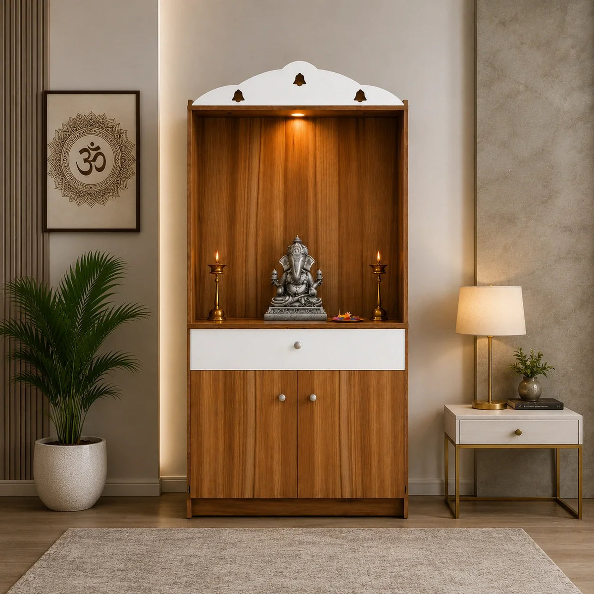 Modern Design Wooden Floor Temple with Elegant White Accent Drawers & Storage Cabinet for Home  & Office