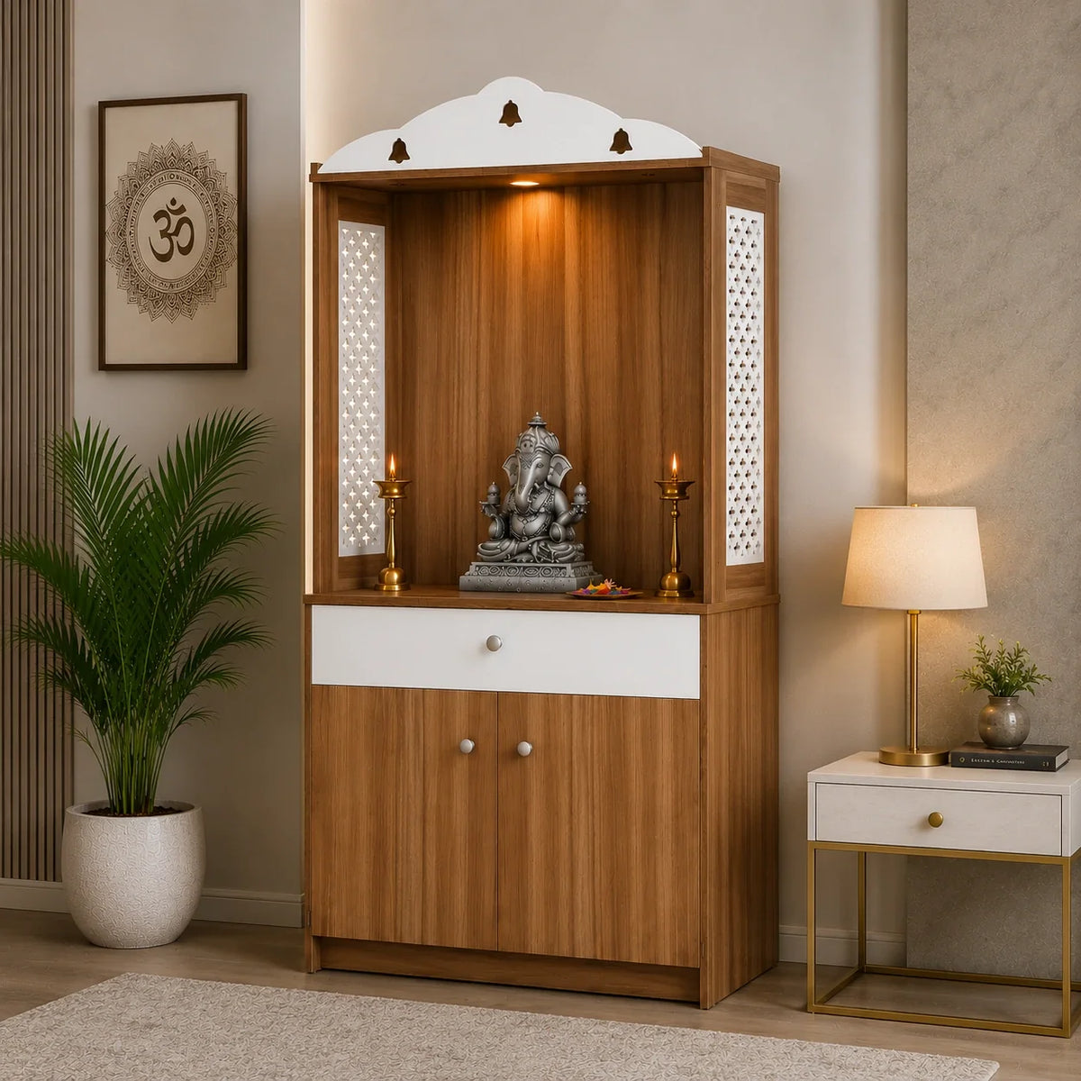 Modern Design Wooden Floor Temple with Elegant White Accent Drawers & Storage Cabinet for Home  & Office