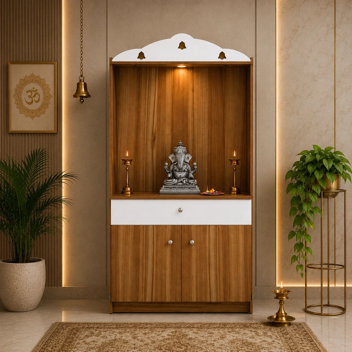 Modern Design Wooden Floor Temple with Elegant White Accent Drawers & Storage Cabinet for Home  & Office