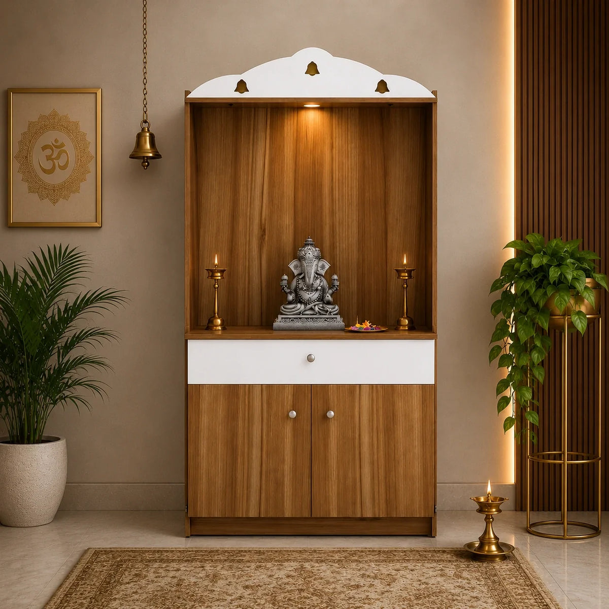Modern Design Wooden Floor Temple with Elegant White Accent Drawers & Storage Cabinet for Home  & Office