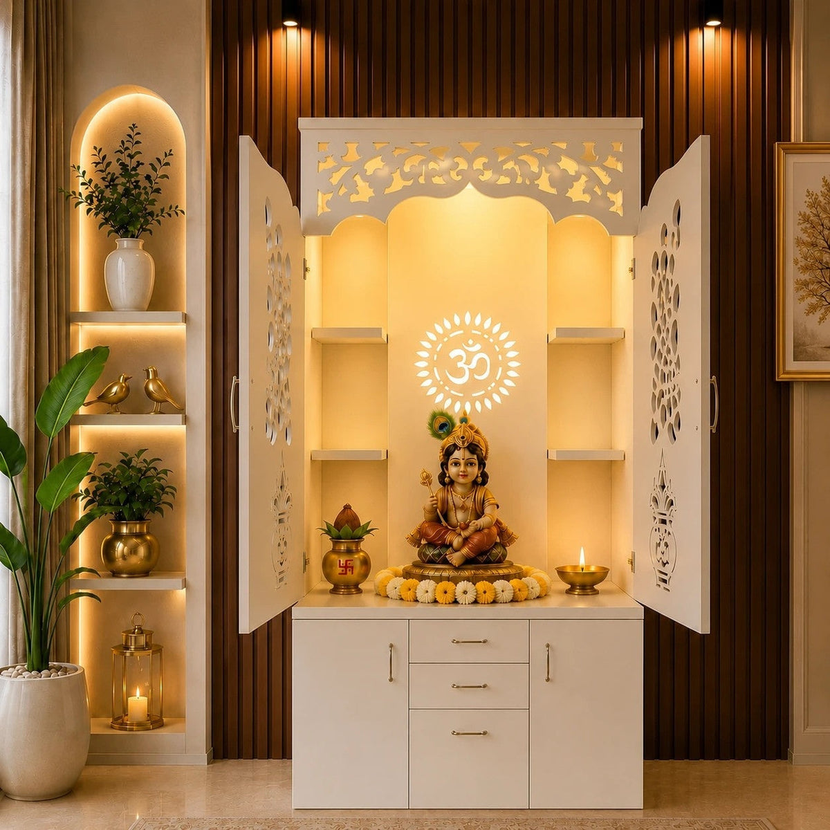 Modern Designer Pooja Mandir with Doors Storage Drawers and LED Back Panel