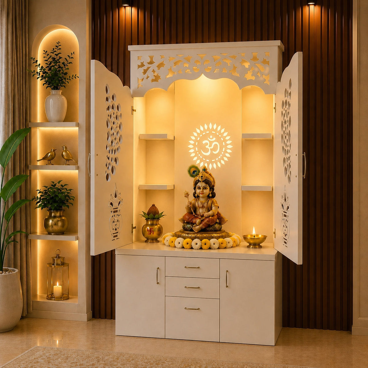 Modern Designer Pooja Mandir with Doors Storage Drawers and LED Back Panel