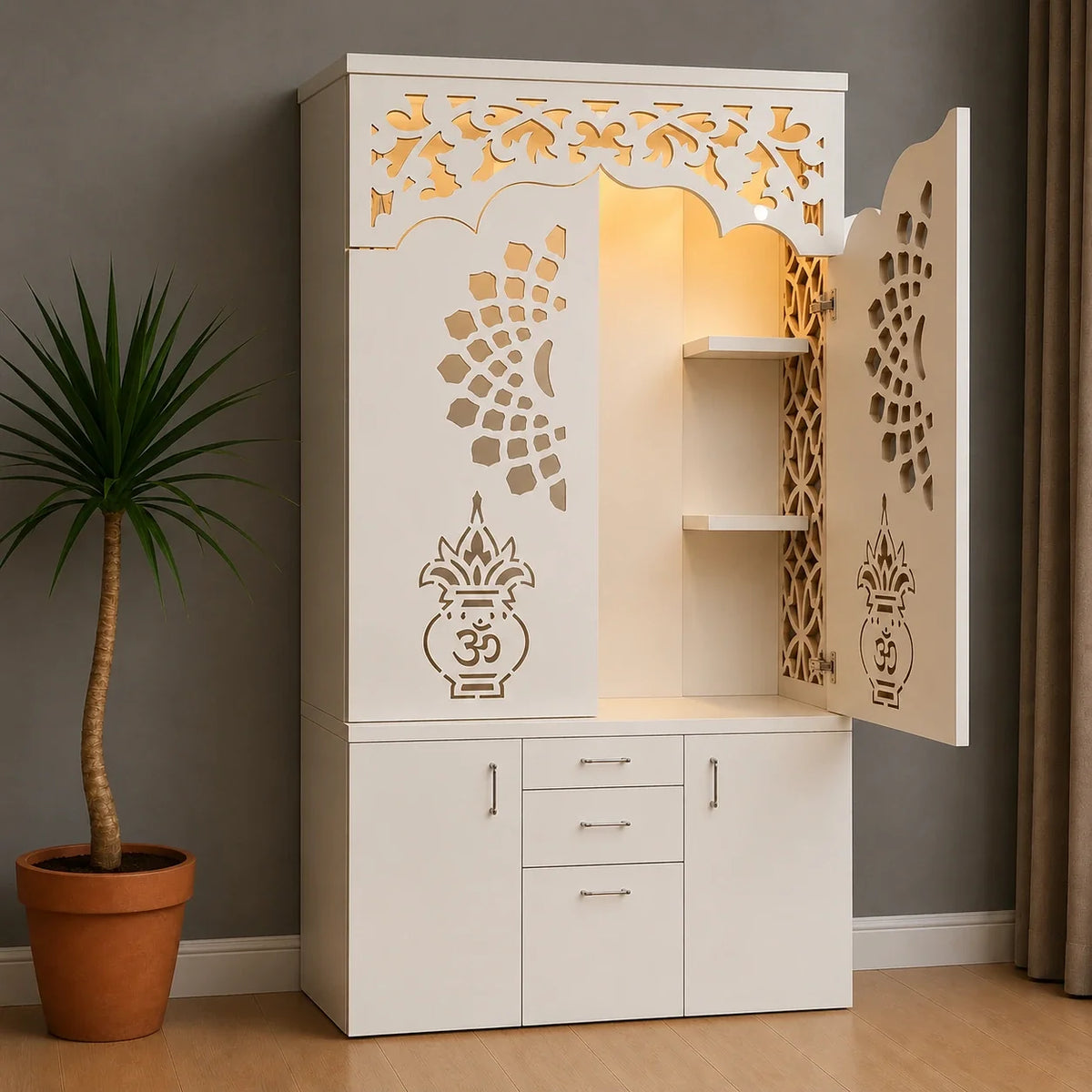 Modern Designer Pooja Mandir with Doors Storage Drawers and LED Back Panel