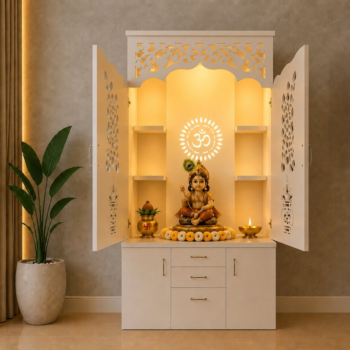 Modern Designer Pooja Mandir with Doors Storage Drawers and LED Back Panel